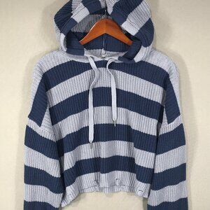 Pink Rose Hoodie Women's Large Blue Striped Pullover Sweatshirt Cropped Drawstri